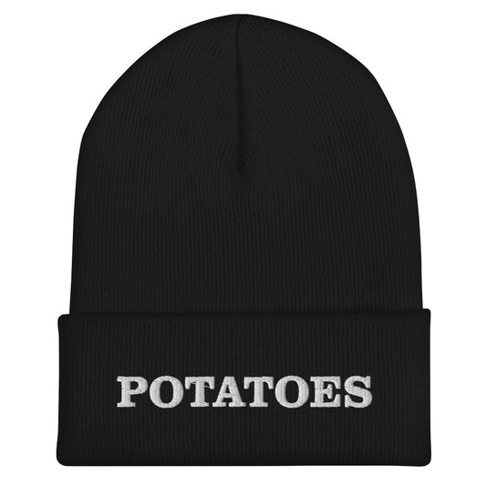 Black Potatoes Beanie from Nina's Funky Shop by ninanush - Love potatoes? Looking for a funny foodie gift? Our Potato Beanie is warm, cozy and the perfect cold weather hat for potato enthusiasts. It comes in a variety of colors, expertly embroidered with "potatoes" across the front. Celebrate your favorite foods in our funky foodie apparel, designed by Nina and made just for you! 