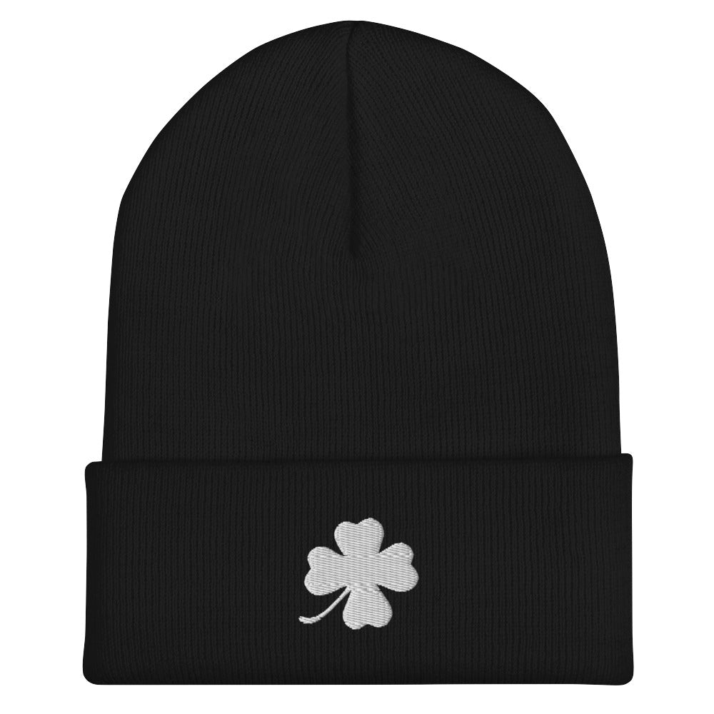 Black four leaf clover beanie - Looking for the perfect green clover beanie? A lucky gift for a friend? Our Four Leaf Clover Beanie is warm, cozy and made just for you. It comes in a variety of colors with a white four leaf clover, expertly embroidered on the front.