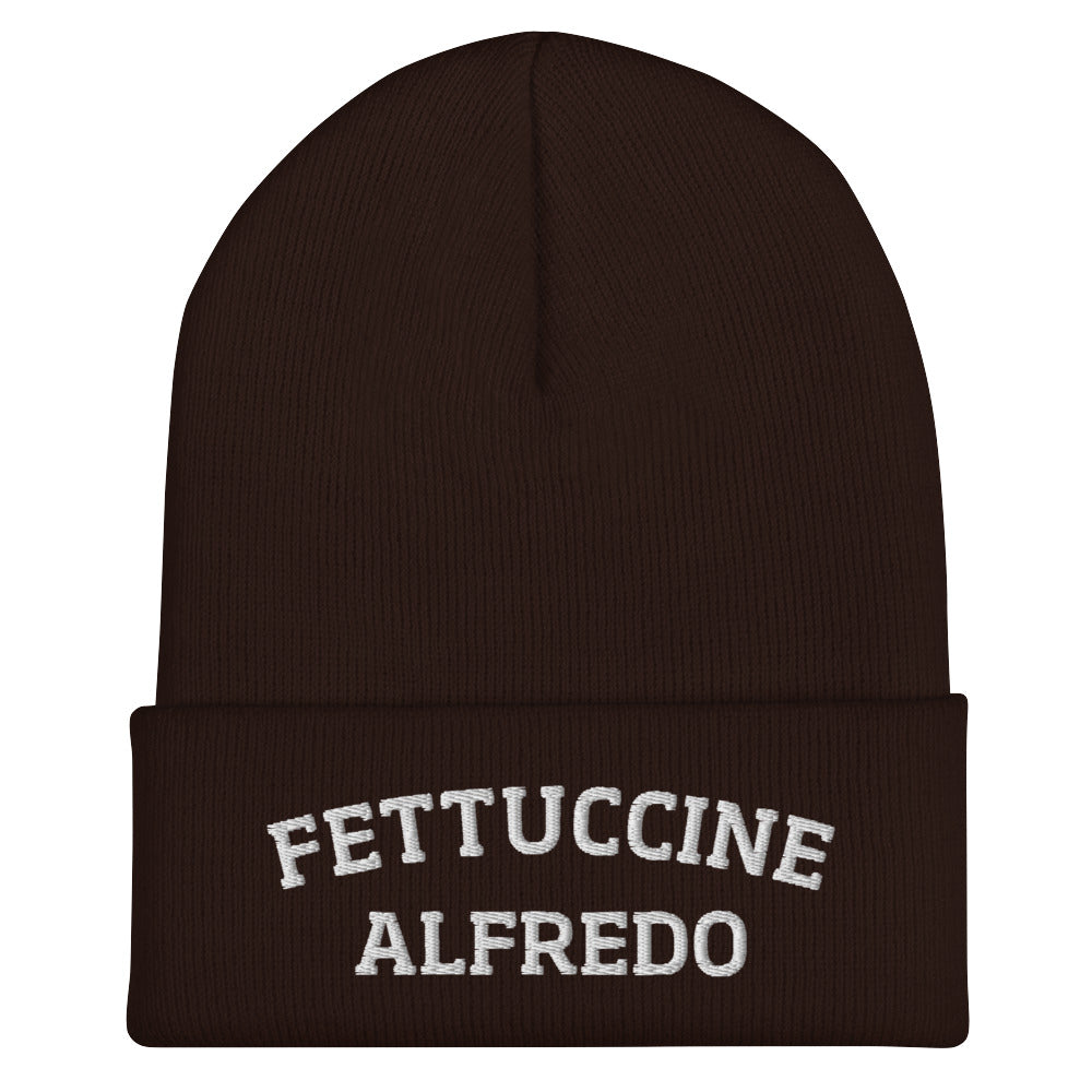Brown Fettuccine Alfredo Beanie from Nina's Funky Shop by ninanush - Do you love Fettuccine Alfredo? Are you looking for a funny gift for a foodie friend? Our Fettuccine Alfredo Beanie is warm, cozy and the perfect funky hat for pasta enthusiasts of all kinds. Show off in this funny foodie beanie. It comes in a variety of colors, each expertly embroidered with the words "Fettuccine Alfredo". A statement hat for fettuccine lovers, designed by Nina and made just for you!