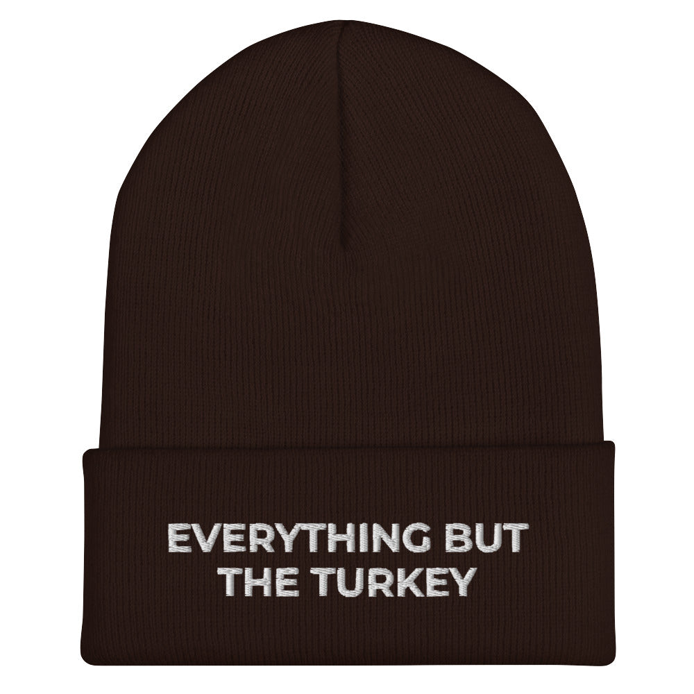 Brown Everything But The Turkey Vegan Holiday Hat from Nina's Funky Shop by ninanush - Do you love Turkeys? Looking for a funny holiday gift for a vegan? Our Everything But The Turkey Beanie is perfect funky hat for animal lovers and plant based babes of all kinds. Show off in this funny vegan foodie beanie. It comes in a variety of colors, with "Everything But The Turkey" on the front. A statement hat for vegans and vegetarians, designed by Nina and made just for you!