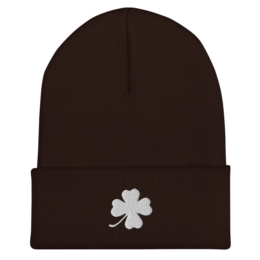 Brown four leaf clover beanie - Looking for the perfect green clover beanie? A lucky gift for a friend? Our Four Leaf Clover Beanie is warm, cozy and made just for you. It comes in a variety of colors with a white four leaf clover, expertly embroidered on the front.