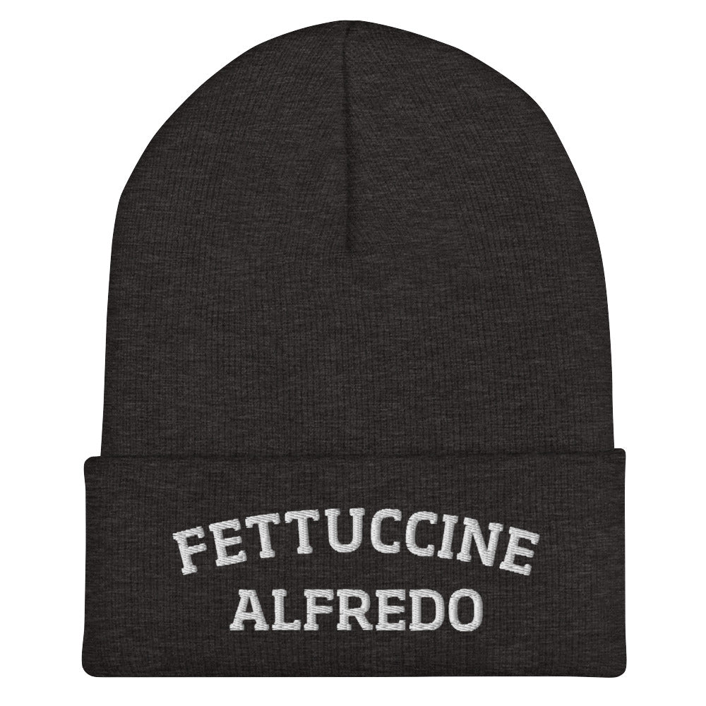 Dark Gray Fettuccine Alfredo Beanie from Nina's Funky Shop by ninanush - Do you love Fettuccine Alfredo? Are you looking for a funny gift for a foodie friend? Our Fettuccine Alfredo Beanie is warm, cozy and the perfect funky hat for pasta enthusiasts of all kinds. Show off in this funny foodie beanie. It comes in a variety of colors, each expertly embroidered with the words "Fettuccine Alfredo". A statement hat for fettuccine lovers, designed by Nina and made just for you!