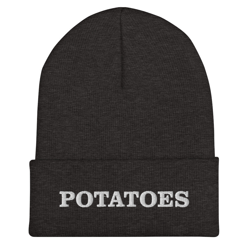 Dark Gray Potatoes Beanie from Nina's Funky Shop by ninanush - Love potatoes? Looking for a funny foodie gift? Our Potato Beanie is warm, cozy and the perfect cold weather hat for potato enthusiasts. It comes in a variety of colors, expertly embroidered with "potatoes" across the front. Celebrate your favorite foods in our funky foodie apparel, designed by Nina and made just for you!
