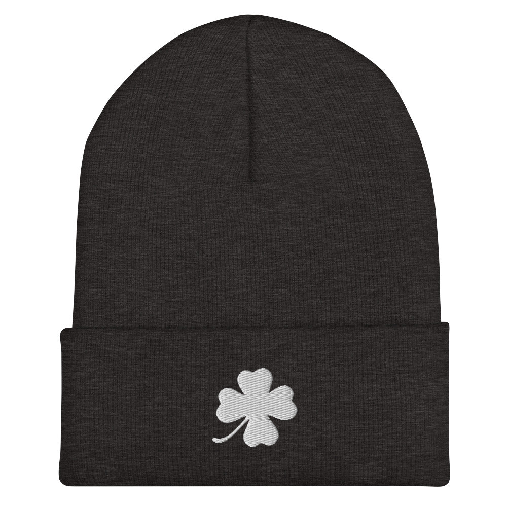 Dark Gray four leaf clover beanie - Looking for the perfect green clover beanie? A lucky gift for a friend? Our Four Leaf Clover Beanie is warm, cozy and made just for you. It comes in a variety of colors with a white four leaf clover, expertly embroidered on the front.