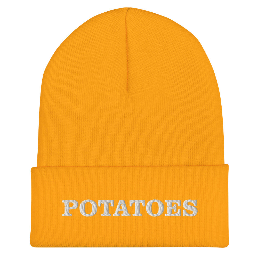 Yellow Potatoes Beanie from Nina's Funky Shop by ninanush - Love potatoes? Looking for a funny foodie gift? Our Potato Beanie is warm, cozy and the perfect cold weather hat for potato enthusiasts. It comes in a variety of colors, expertly embroidered with "potatoes" across the front. Celebrate your favorite foods in our funky foodie apparel, designed by Nina and made just for you!