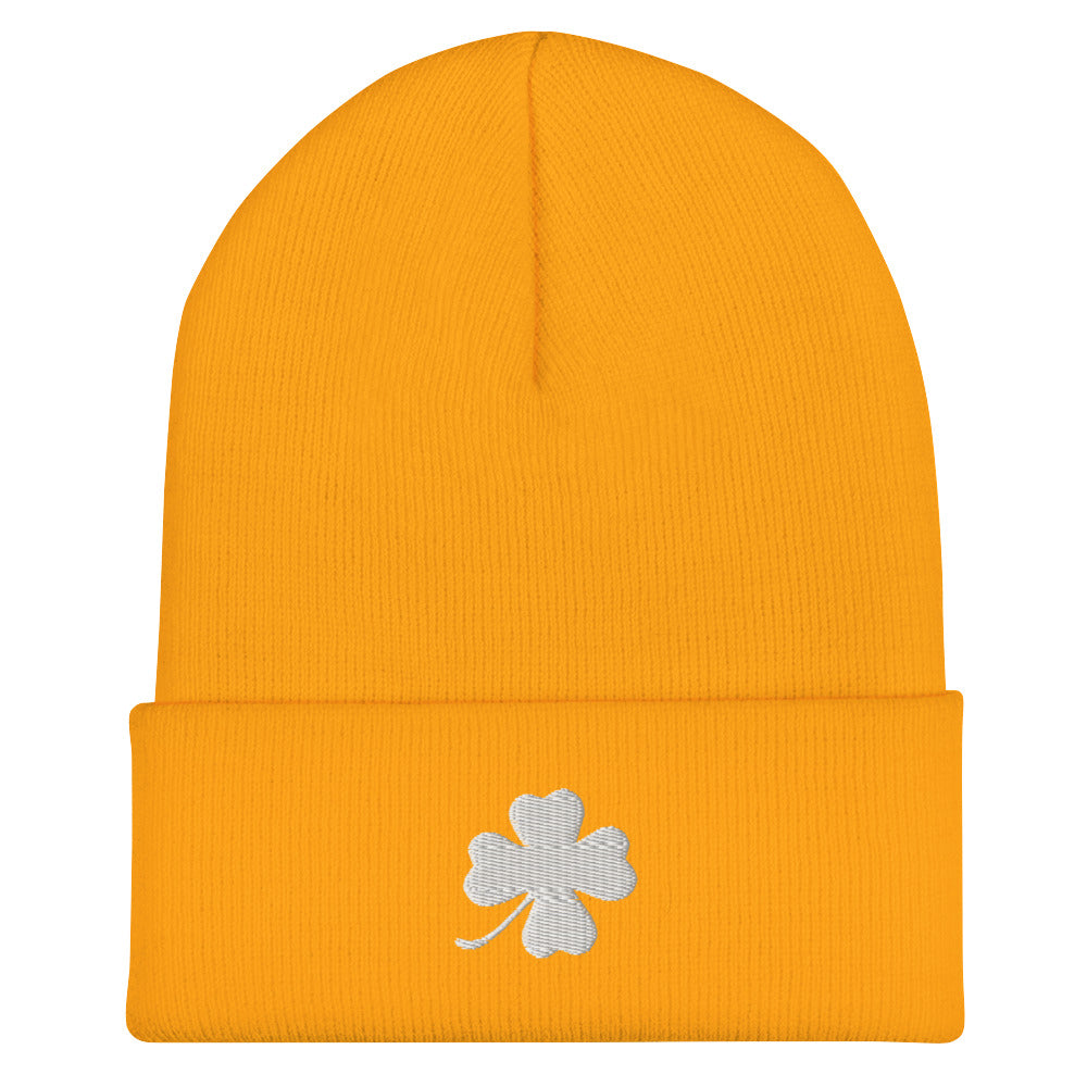 Yellow four leaf clover beanie - Looking for the perfect green clover beanie? A lucky gift for a friend? Our Four Leaf Clover Beanie is warm, cozy and made just for you. It comes in a variety of colors with a white four leaf clover, expertly embroidered on the front.