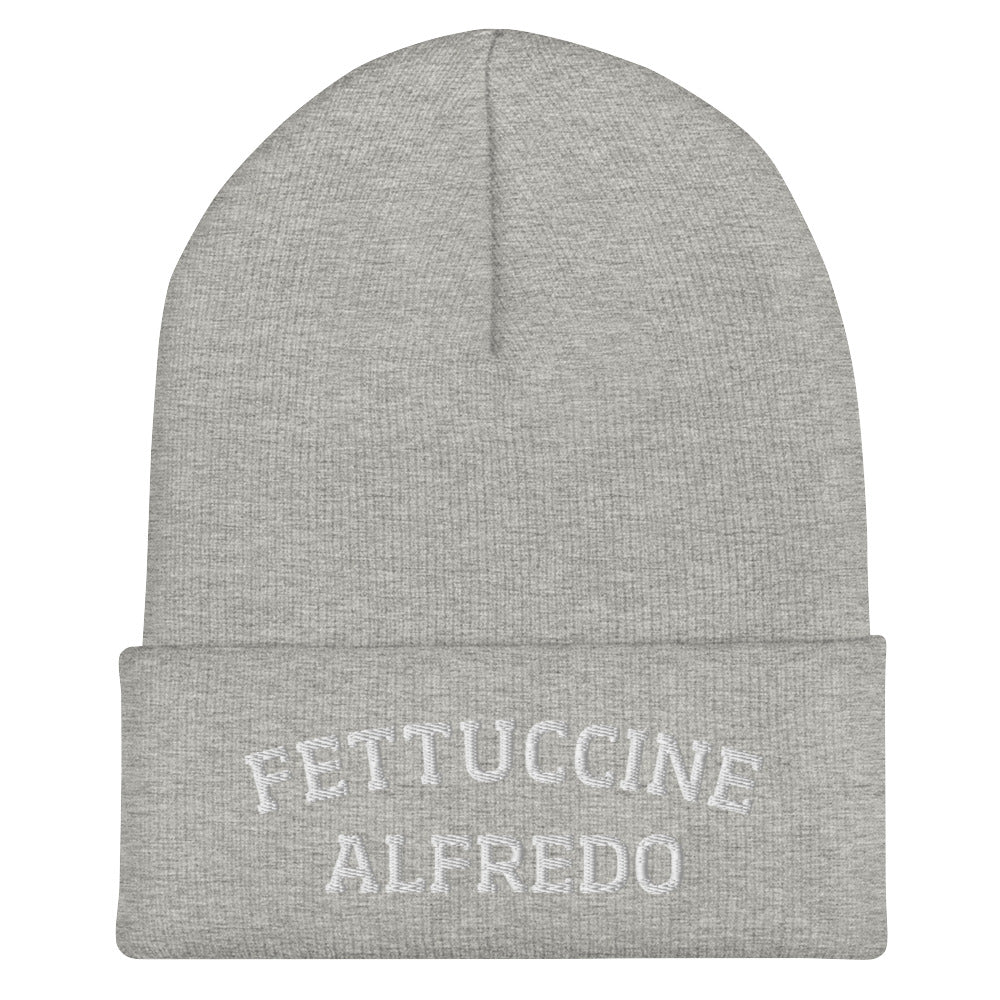 Gray Fettuccine Alfredo Beanie from Nina's Funky Shop by ninanush - Do you love Fettuccine Alfredo? Are you looking for a funny gift for a foodie friend? Our Fettuccine Alfredo Beanie is warm, cozy and the perfect funky hat for pasta enthusiasts of all kinds. Show off in this funny foodie beanie. It comes in a variety of colors, each expertly embroidered with the words "Fettuccine Alfredo". A statement hat for fettuccine lovers, designed by Nina and made just for you!