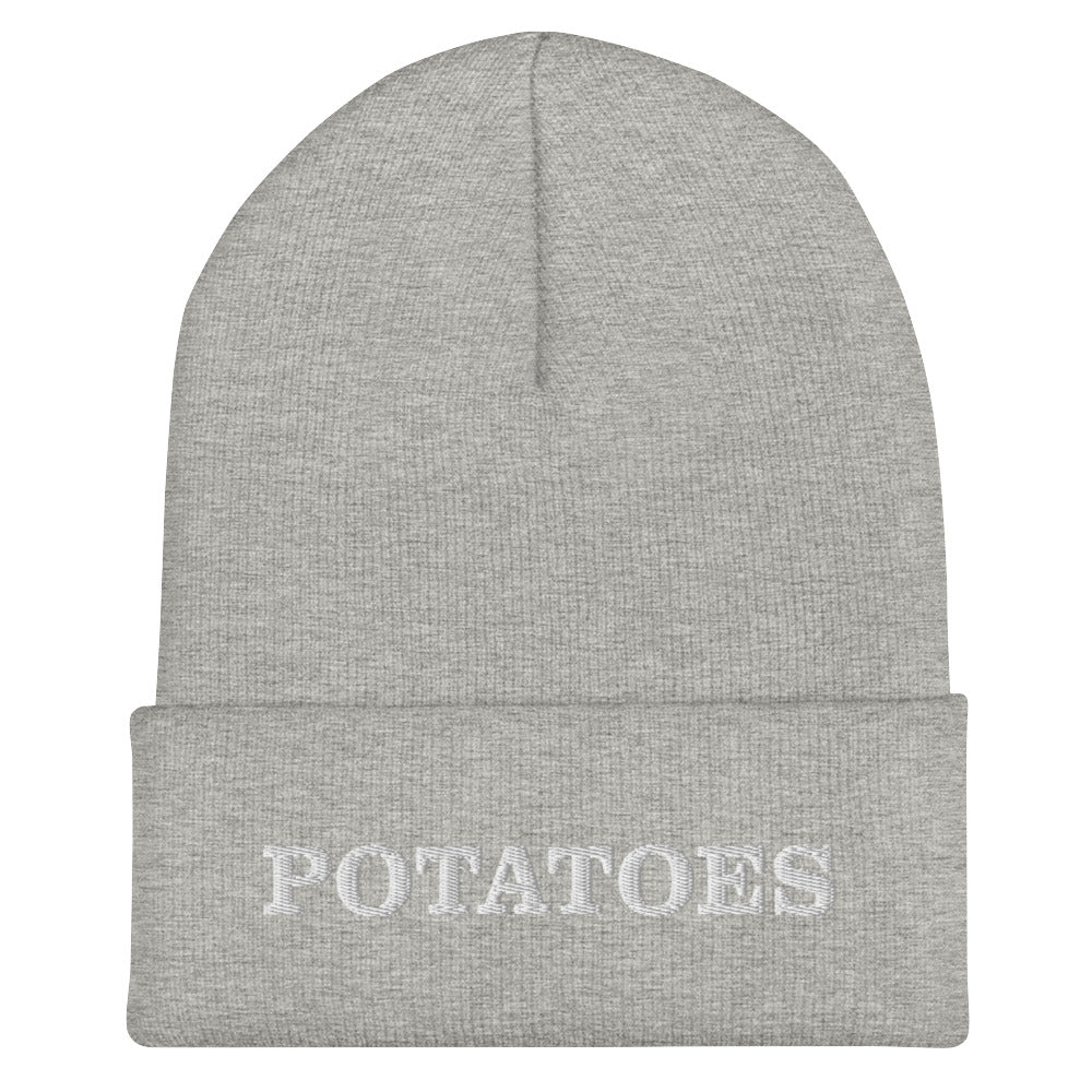 Light Gray Potatoes Beanie from Nina's Funky Shop by ninanush - Love potatoes? Looking for a funny foodie gift? Our Potato Beanie is warm, cozy and the perfect cold weather hat for potato enthusiasts. It comes in a variety of colors, expertly embroidered with "potatoes" across the front. Celebrate your favorite foods in our funky foodie apparel, designed by Nina and made just for you!