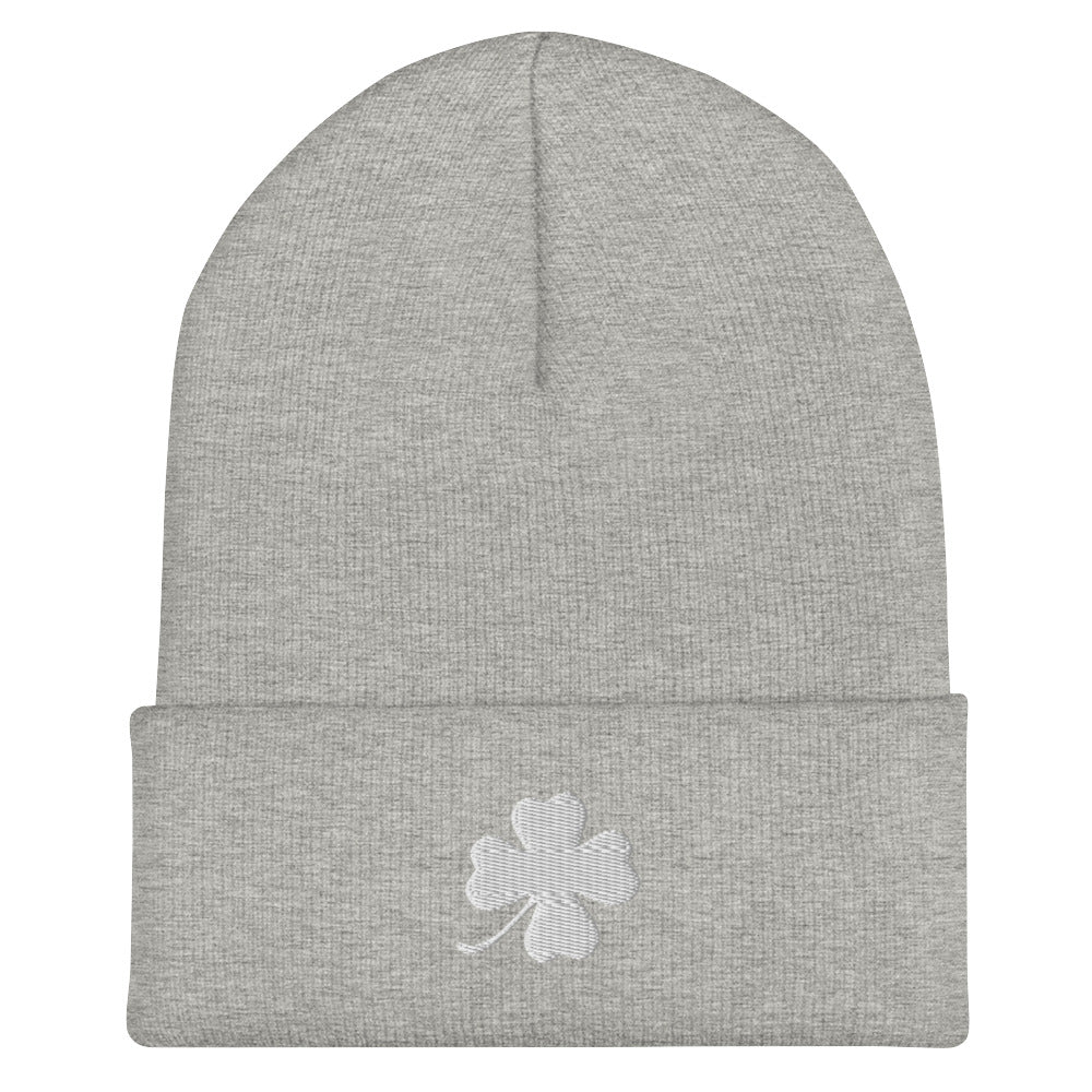 Light Gray four leaf clover beanie - Looking for the perfect green clover beanie? A lucky gift for a friend? Our Four Leaf Clover Beanie is warm, cozy and made just for you. It comes in a variety of colors with a white four leaf clover, expertly embroidered on the front.