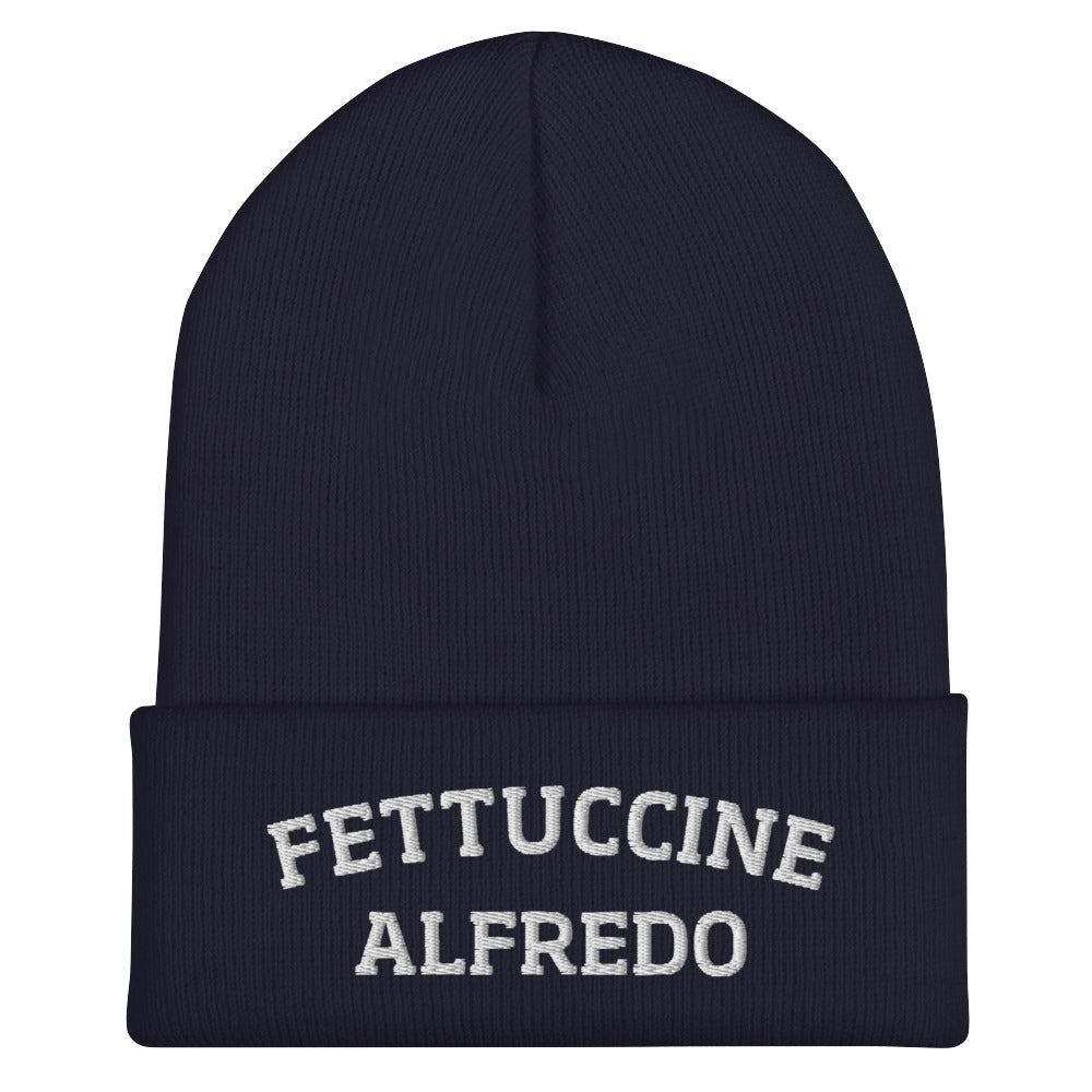 Navy Fettuccine Alfredo Beanie from Nina's Funky Shop by ninanush - Do you love Fettuccine Alfredo? Are you looking for a funny gift for a foodie friend? Our Fettuccine Alfredo Beanie is warm, cozy and the perfect funky hat for pasta enthusiasts of all kinds. Show off in this funny foodie beanie. It comes in a variety of colors, each expertly embroidered with the words "Fettuccine Alfredo". A statement hat for fettuccine lovers, designed by Nina and made just for you!