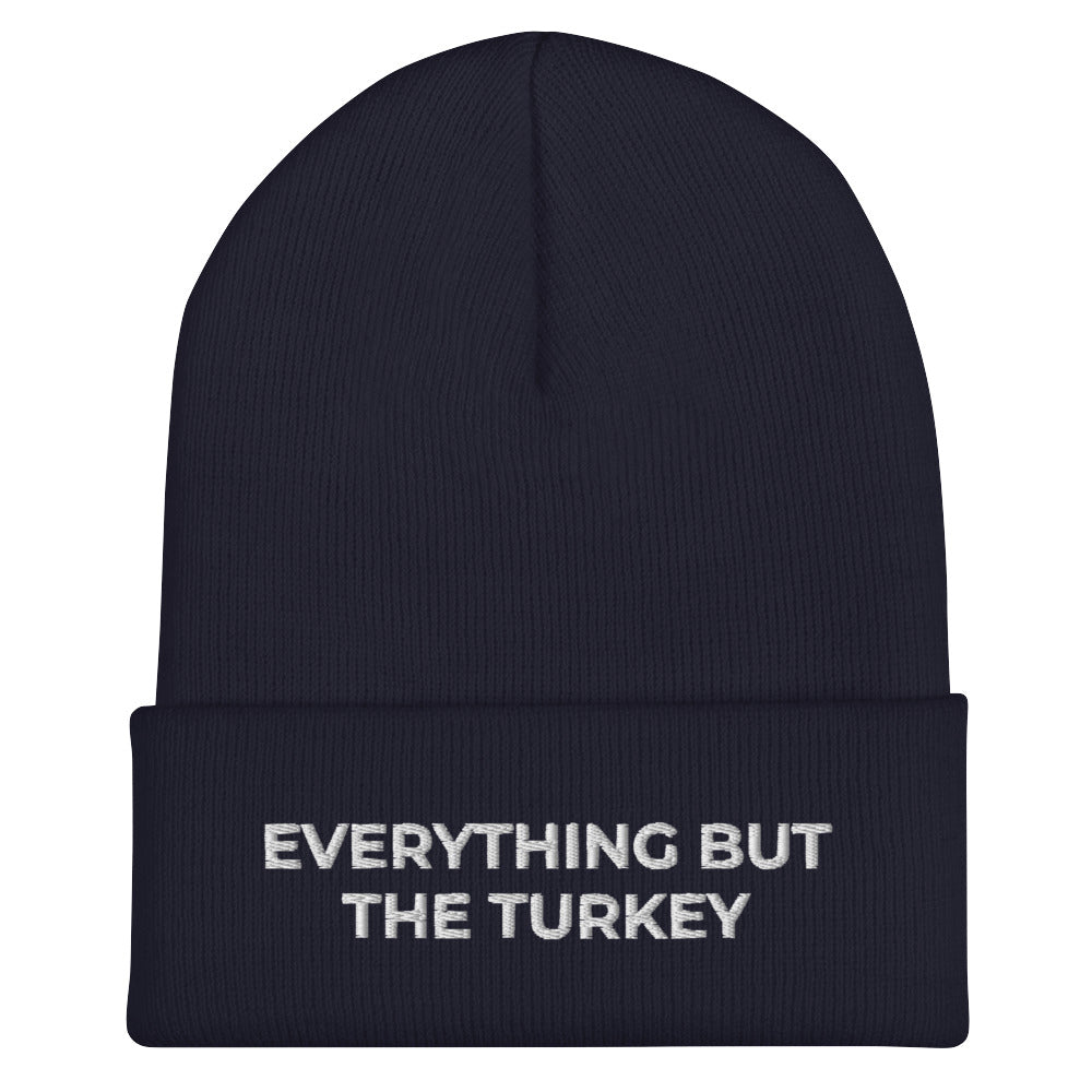 Navy Everything But The Turkey Vegan Holiday Hat from Nina's Funky Shop by ninanush - Do you love Turkeys? Looking for a funny holiday gift for a vegan? Our Everything But The Turkey Beanie is perfect funky hat for animal lovers and plant based babes of all kinds. Show off in this funny vegan foodie beanie. It comes in a variety of colors, with "Everything But The Turkey" on the front. A statement hat for vegans and vegetarians, designed by Nina and made just for you!