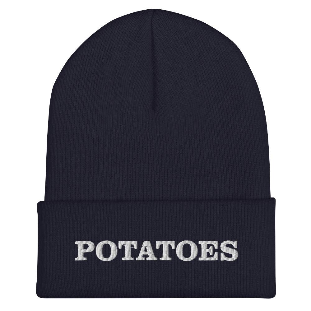 Navy Potatoes Beanie from Nina's Funky Shop by ninanush - Love potatoes? Looking for a funny foodie gift? Our Potato Beanie is warm, cozy and the perfect cold weather hat for potato enthusiasts. It comes in a variety of colors, expertly embroidered with "potatoes" across the front. Celebrate your favorite foods in our funky foodie apparel, designed by Nina and made just for you!