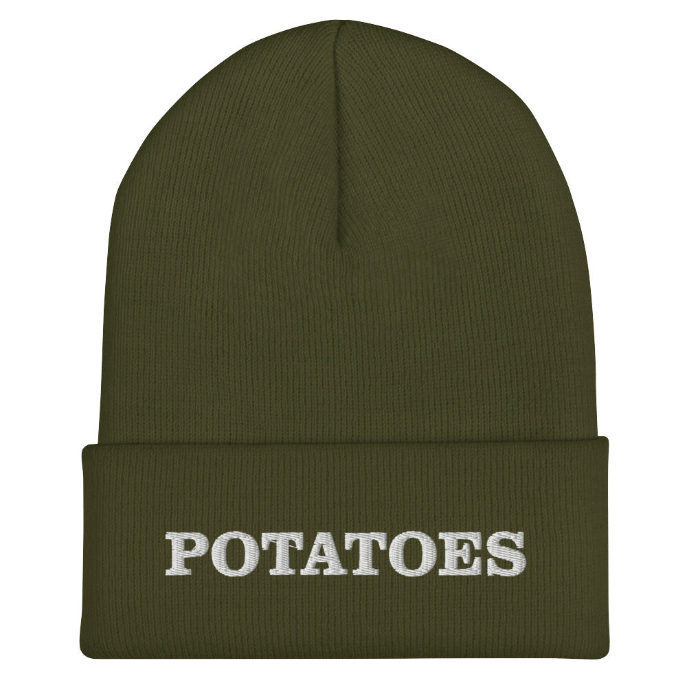 Olive Green Potatoes Beanie from Nina's Funky Shop by ninanush - Love potatoes? Looking for a funny foodie gift? Our Potato Beanie is warm, cozy and the perfect cold weather hat for potato enthusiasts. It comes in a variety of colors, expertly embroidered with "potatoes" across the front. Celebrate your favorite foods in our funky foodie apparel, designed by Nina and made just for you!