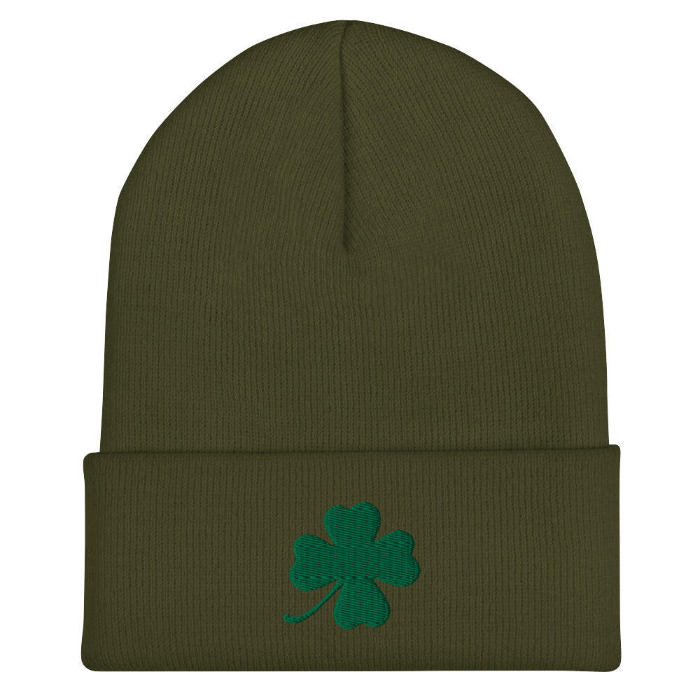 Olive Green four leaf clover hat - Our Four Leaf Clover Beanie is warm, cozy and just what you need. It comes in a variety of colors with a green four leaf clover, expertly embroidered on the front. Designed by Nina and made just for you! Looking for something personalized? A different embroidery color? Shoot us an email!