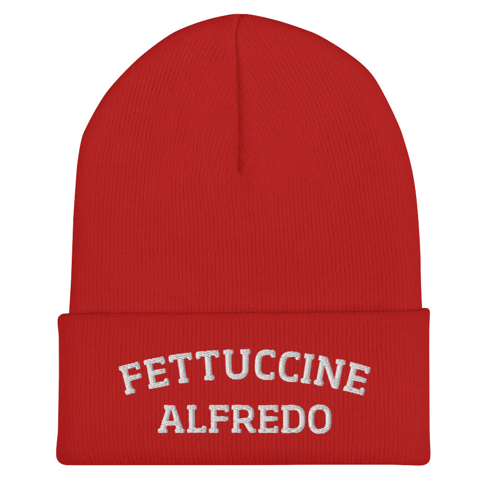 Red Fettuccine Alfredo Beanie from Nina's Funky Shop by ninanush - Do you love Fettuccine Alfredo? Are you looking for a funny gift for a foodie friend? Our Fettuccine Alfredo Beanie is warm, cozy and the perfect funky hat for pasta enthusiasts of all kinds. Show off in this funny foodie beanie. It comes in a variety of colors, each expertly embroidered with the words "Fettuccine Alfredo". A statement hat for fettuccine lovers, designed by Nina and made just for you!