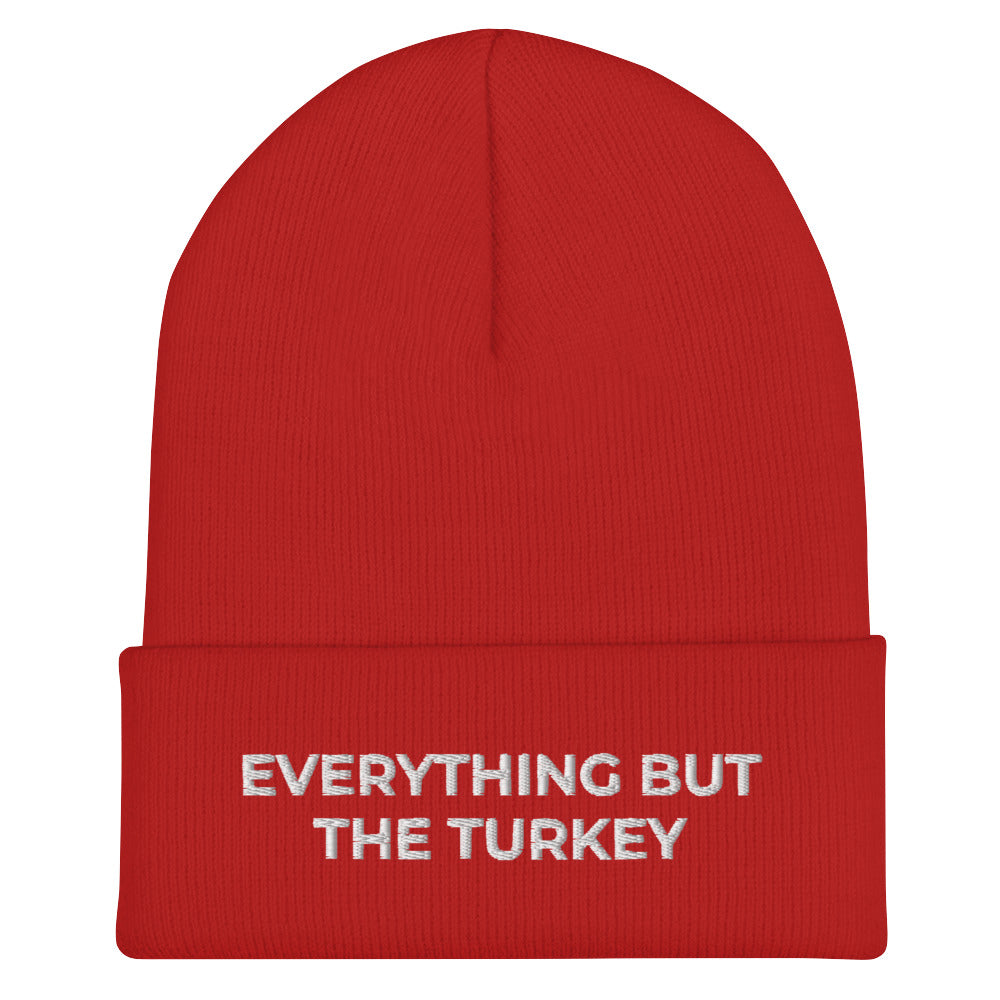 Red Everything But The Turkey Vegan Holiday Hat from Nina's Funky Shop by ninanush - Do you love Turkeys? Looking for a funny holiday gift for a vegan? Our Everything But The Turkey Beanie is perfect funky hat for animal lovers and plant based babes of all kinds. Show off in this funny vegan foodie beanie. It comes in a variety of colors, with "Everything But The Turkey" on the front. A statement hat for vegans and vegetarians, designed by Nina and made just for you!