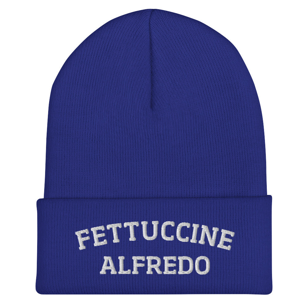 Royal Blue Fettuccine Alfredo Beanie from Nina's Funky Shop by ninanush - Do you love Fettuccine Alfredo? Are you looking for a funny gift for a foodie friend? Our Fettuccine Alfredo Beanie is warm, cozy and the perfect funky hat for pasta enthusiasts of all kinds. Show off in this funny foodie beanie. It comes in a variety of colors, each expertly embroidered with the words "Fettuccine Alfredo". A statement hat for fettuccine lovers, designed by Nina and made just for you!