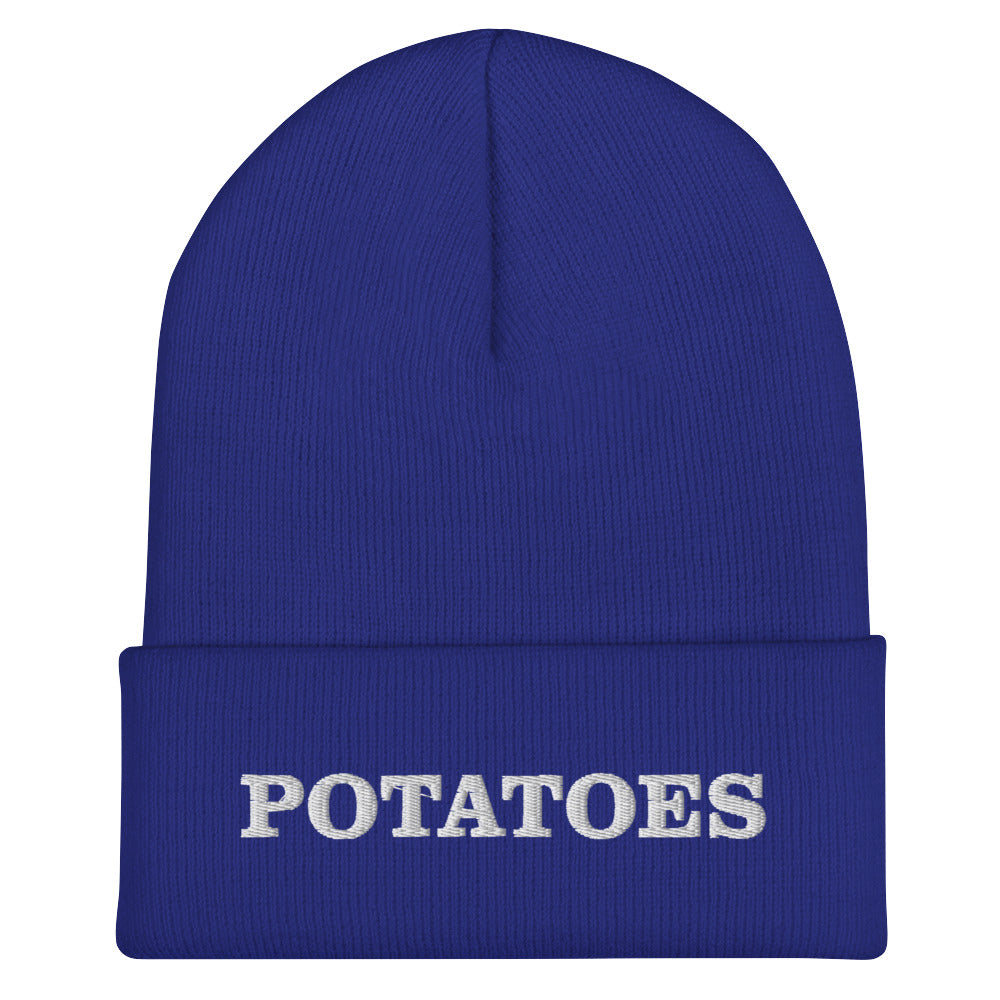 Royal Blue Potatoes Beanie from Nina's Funky Shop by ninanush - Love potatoes? Looking for a funny foodie gift? Our Potato Beanie is warm, cozy and the perfect cold weather hat for potato enthusiasts. It comes in a variety of colors, expertly embroidered with "potatoes" across the front. Celebrate your favorite foods in our funky foodie apparel, designed by Nina and made just for you!