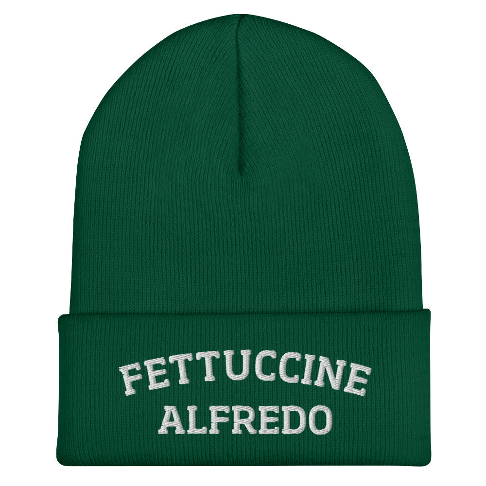 Green Fettuccine Alfredo Beanie from Nina's Funky Shop by ninanush - Do you love Fettuccine Alfredo? Are you looking for a funny gift for a foodie friend? Our Fettuccine Alfredo Beanie is warm, cozy and the perfect funky hat for pasta enthusiasts of all kinds. Show off in this funny foodie beanie. It comes in a variety of colors, each expertly embroidered with the words "Fettuccine Alfredo". A statement hat for fettuccine lovers, designed by Nina and made just for you!