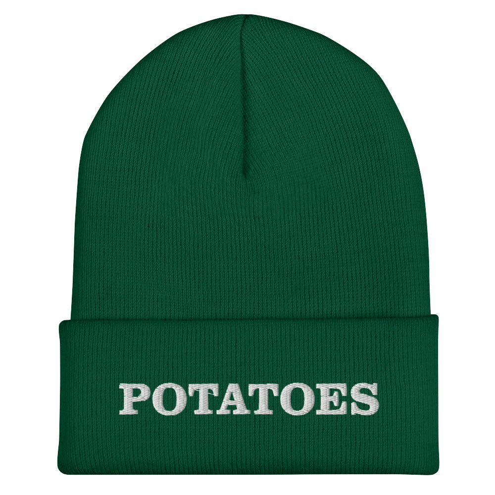 Spuce Green Potatoes Beanie from Nina's Funky Shop by ninanush - Love potatoes? Looking for a funny foodie gift? Our Potato Beanie is warm, cozy and the perfect cold weather hat for potato enthusiasts. It comes in a variety of colors, expertly embroidered with "potatoes" across the front. Celebrate your favorite foods in our funky foodie apparel, designed by Nina and made just for you!
