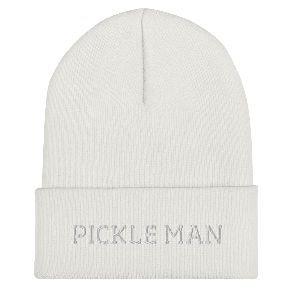 White pickle man beanie from Nina's Funky Shop by ninanush - This pickle man hat is warm, cozy and the perfect pickle enthusiast hat for pickle lovers of all kinds. Show off in this funny foodie beanie. It comes in a variety of bold colors, each expertly embroidered with the words "Pickle Man". It's a statement hat for pickle lovers, designed by Nina and made just for you!