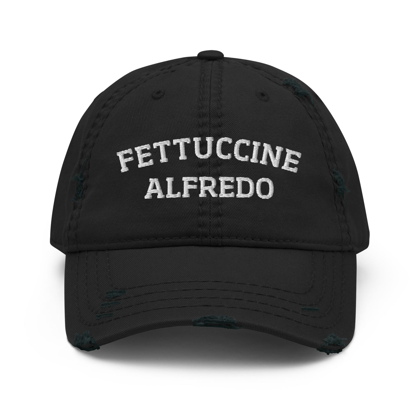 Black fettuccine Alfredo dad hat from Nina's Funky Shop by ninanush - A distressed fettuccine Alfredo dad hat, expertly embroidered with "Fettuccine Alfredo." It's a funny pasta lover hat, made just for you. This fettuccine Alfredo hat stands out and makes the perfect gift for fettuccine Alfredo enthusiasts. Celebrate your favorite foods in our funny foodie clothing and accessories.