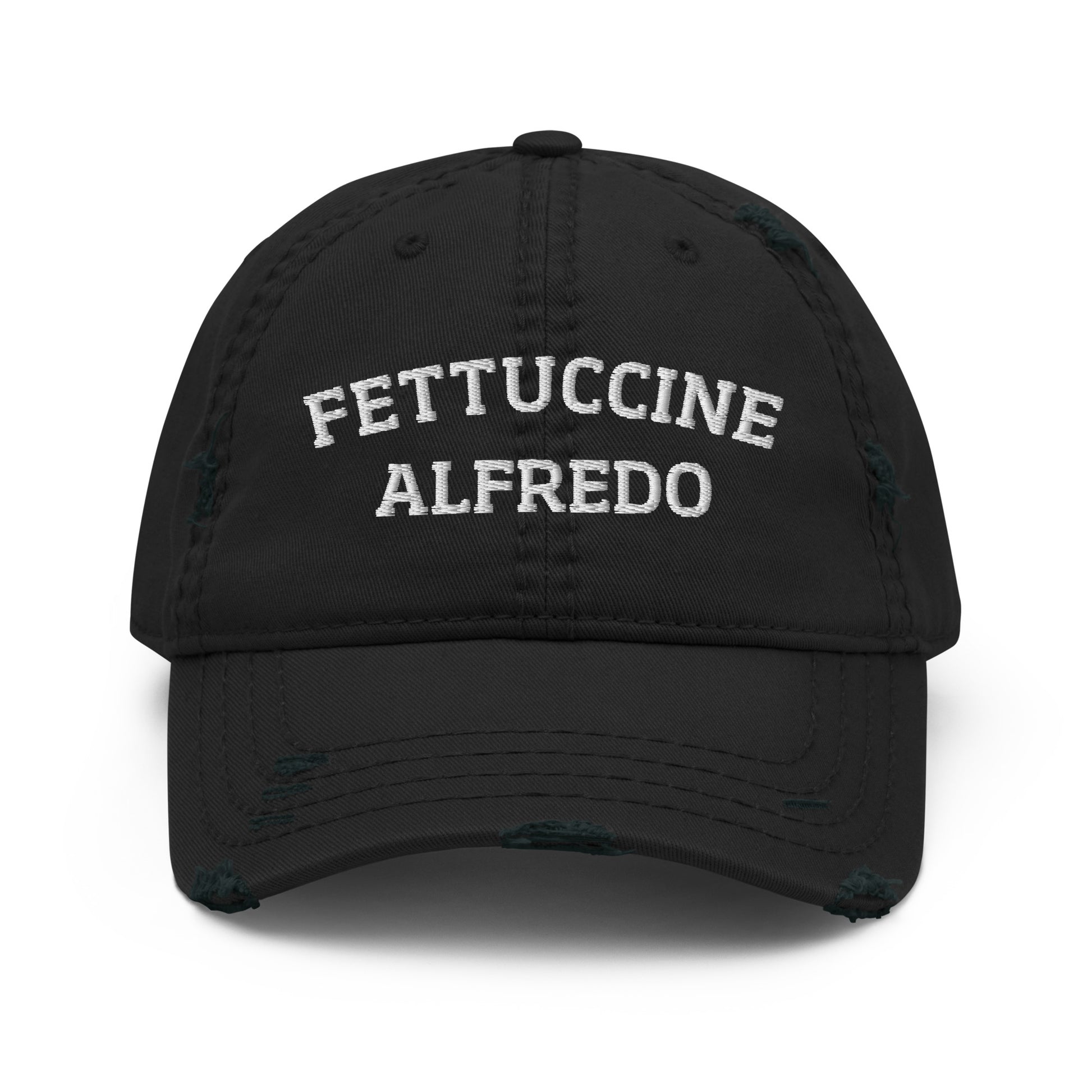 Black fettuccine Alfredo dad hat from Nina's Funky Shop by ninanush - A distressed fettuccine Alfredo dad hat, expertly embroidered with "Fettuccine Alfredo." It's a funny pasta lover hat, made just for you. This fettuccine Alfredo hat stands out and makes the perfect gift for fettuccine Alfredo enthusiasts. Celebrate your favorite foods in our funny foodie clothing and accessories.