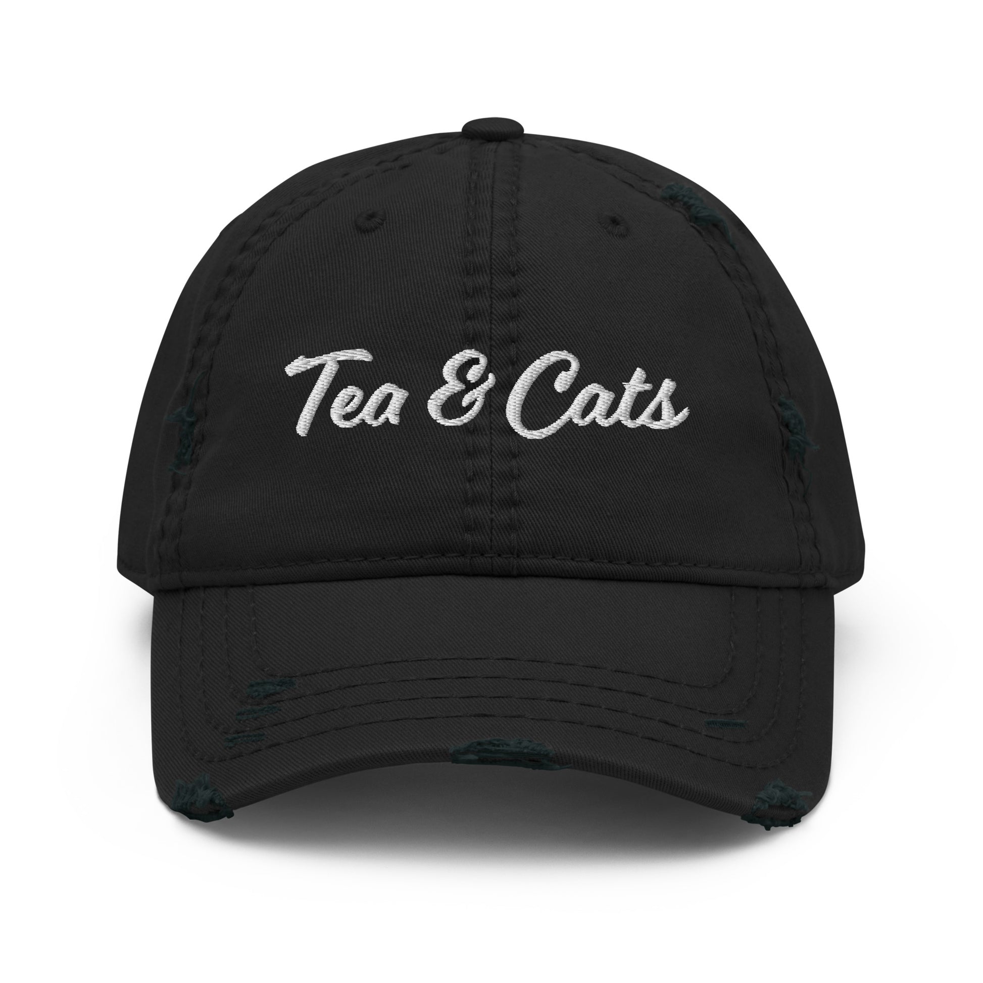 Black Tea and Cats Hat - Love cats? Tea drinker? This Tea & Cats Hat is just what you need. It's a comfortable cotton hat with an adjustable closure and "Tea & Cats", expertly embroidered on the front. Stand out in our funny apparel. It's unique, sarcastic, and perfect for everyday foodies. Designed by Nina and made just for you!
