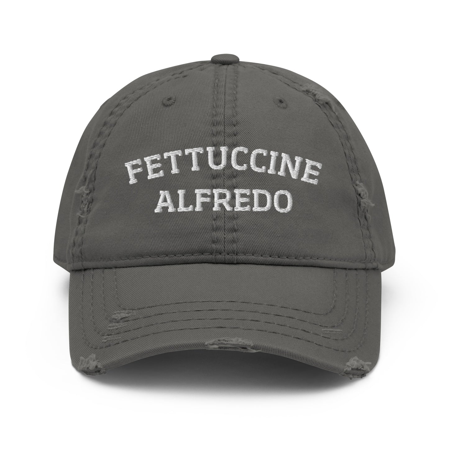 Gray fettuccine Alfredo dad hat from Nina's Funky Shop by ninanush - A distressed fettuccine Alfredo dad hat, expertly embroidered with "Fettuccine Alfredo." It's a funny pasta lover hat, made just for you. This fettuccine Alfredo hat stands out and makes the perfect gift for fettuccine Alfredo enthusiasts. Celebrate your favorite foods in our funny foodie clothing and accessories.