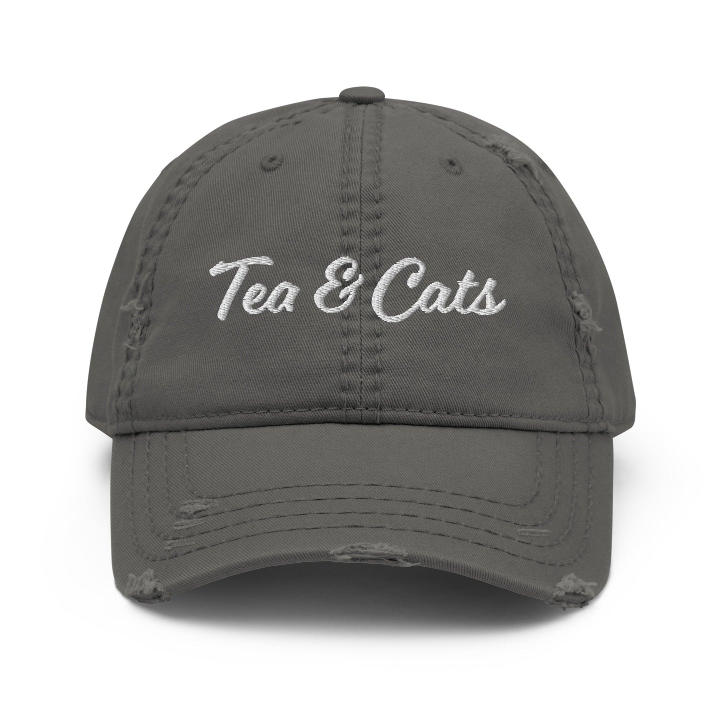 Dark Gray Tea and Cats Hat - Love cats? Tea drinker? This Tea & Cats Hat is just what you need. It's a comfortable cotton hat with an adjustable closure and "Tea & Cats", expertly embroidered on the front. Stand out in our funny apparel. It's unique, sarcastic, and perfect for everyday foodies. Designed by Nina and made just for you! 