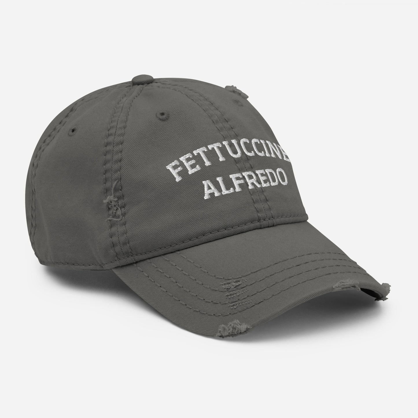 Gray fettuccine Alfredo dad hat from Nina's Funky Shop by ninanush - A distressed fettuccine Alfredo dad hat, expertly embroidered with "Fettuccine Alfredo." It's a funny pasta lover hat, made just for you. This fettuccine Alfredo hat stands out and makes the perfect gift for fettuccine Alfredo enthusiasts. Celebrate your favorite foods in our funny foodie clothing and accessories.