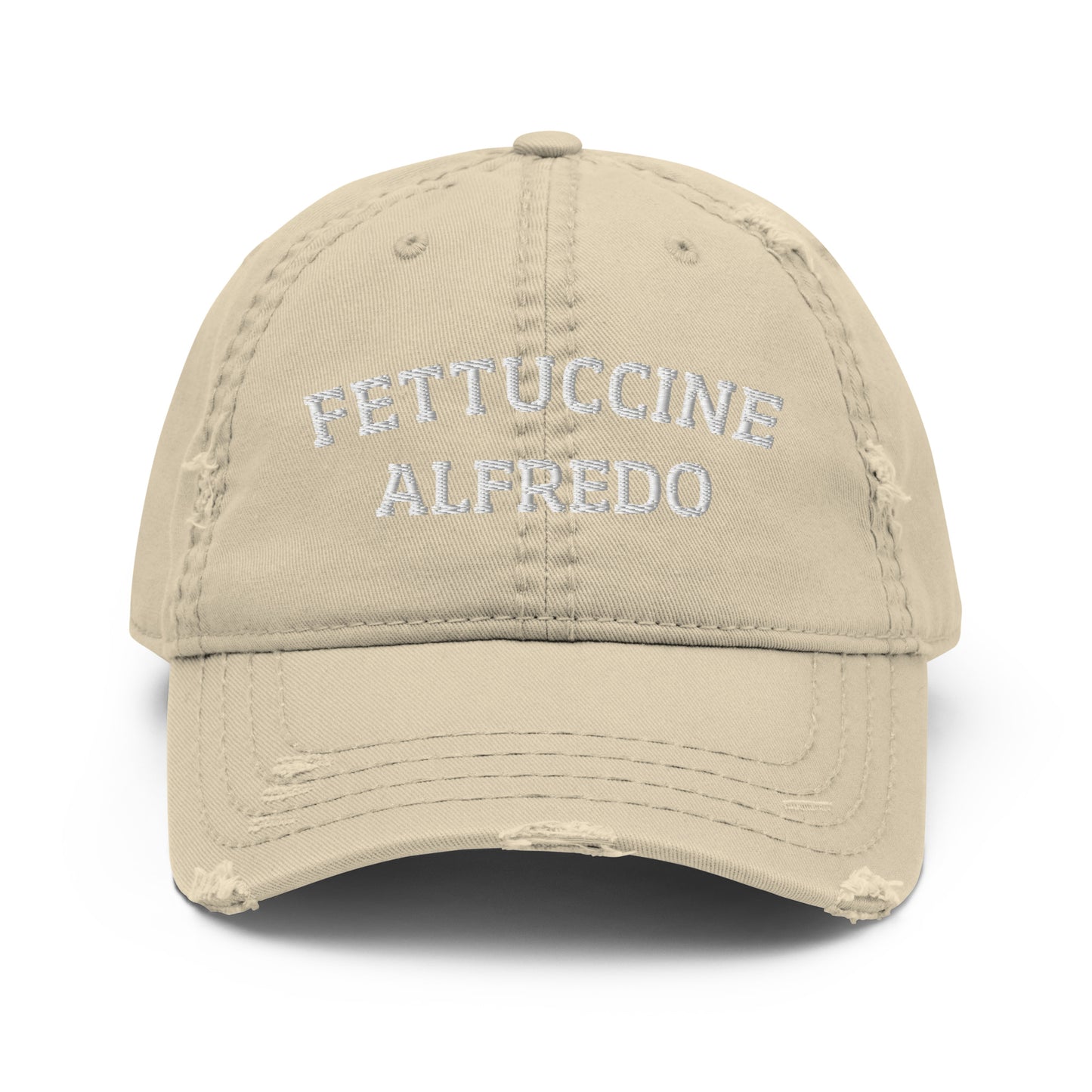 Khaki fettuccine Alfredo dad hat from Nina's Funky Shop by ninanush - A distressed fettuccine Alfredo dad hat, expertly embroidered with "Fettuccine Alfredo." It's a funny pasta lover hat, made just for you. This fettuccine Alfredo hat stands out and makes the perfect gift for fettuccine Alfredo enthusiasts. Celebrate your favorite foods in our funny foodie clothing and accessories.