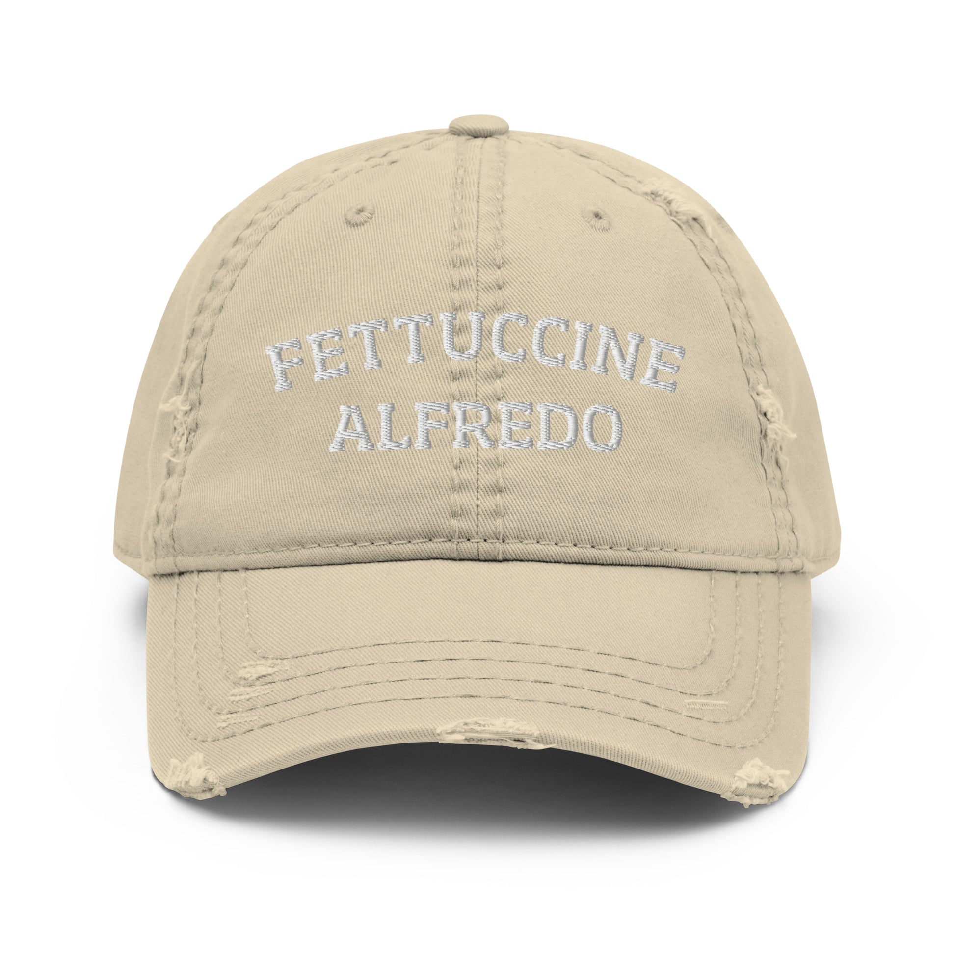 Khaki fettuccine Alfredo dad hat from Nina's Funky Shop by ninanush - A distressed fettuccine Alfredo dad hat, expertly embroidered with "Fettuccine Alfredo." It's a funny pasta lover hat, made just for you. This fettuccine Alfredo hat stands out and makes the perfect gift for fettuccine Alfredo enthusiasts. Celebrate your favorite foods in our funny foodie clothing and accessories.
