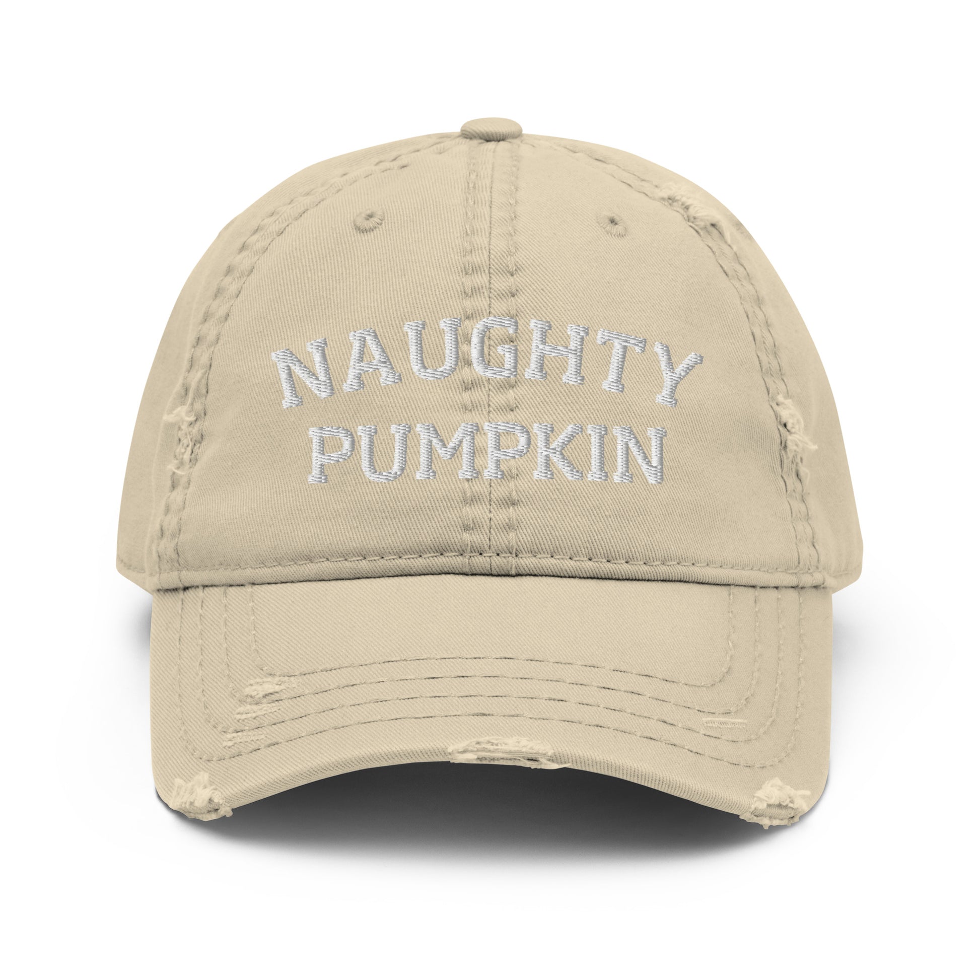 Khaki naughty pumpkin dad hat from Nina's Funky Shop by ninanush - The distressed naughty pumpkin dad hat! Embroidered with "naughty pumpkin" across the front, it's a funny pumpkin hat that's made just for you. This weird hat makes the perfect gift for pumpkin enthusiasts. Add a little personality to your everyday outfits in our funny foodie clothing and accessories.
