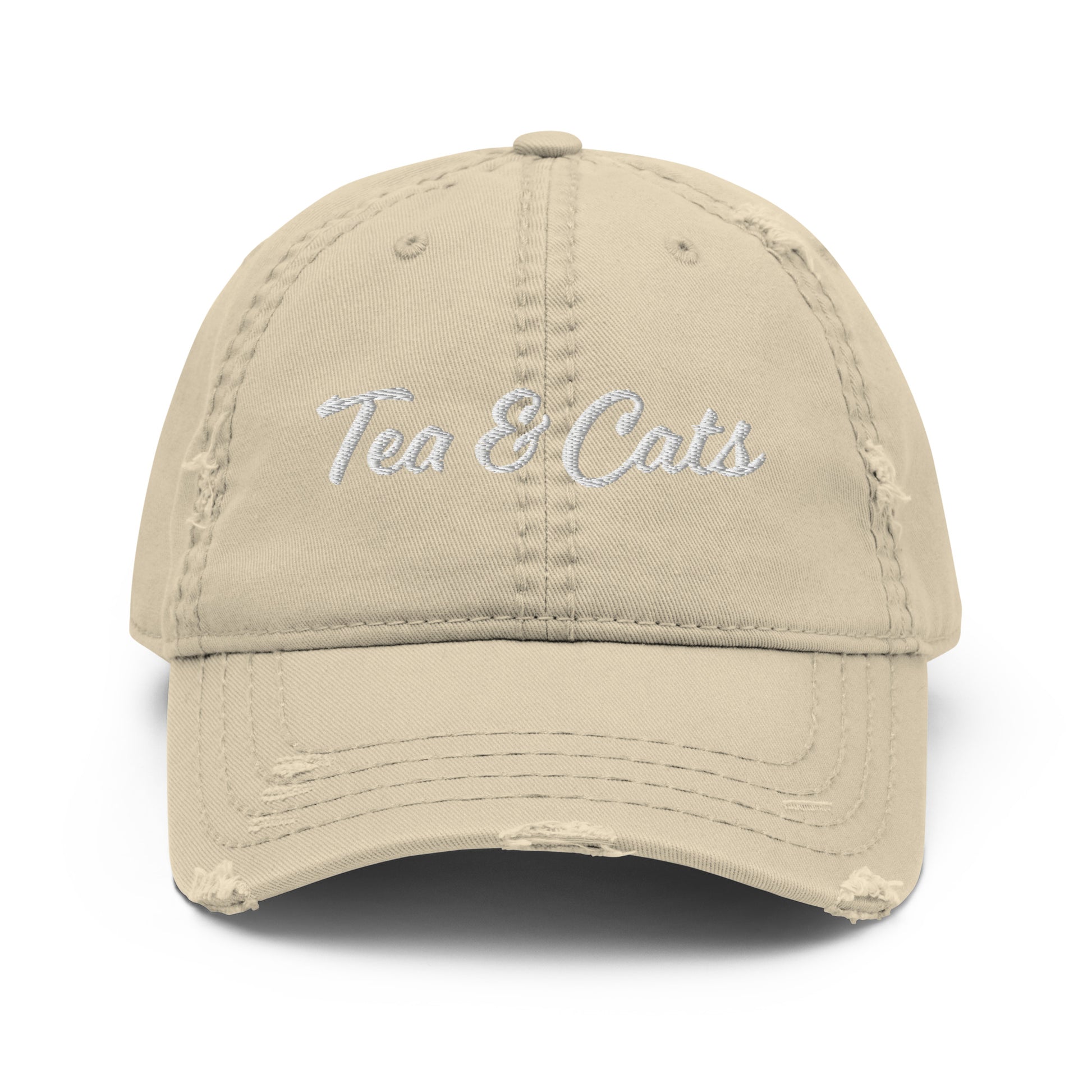 Khaki Tea and Cats Hat - Love cats? Tea drinker? This Tea & Cats Hat is just what you need. It's a comfortable cotton hat with an adjustable closure and "Tea & Cats", expertly embroidered on the front. Stand out in our funny apparel. It's unique, sarcastic, and perfect for everyday foodies. Designed by Nina and made just for you!