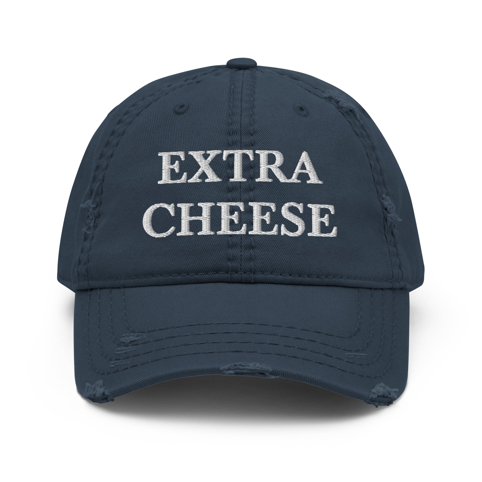 Navy Extra Cheese Dad Hat from Nina's Funky Shop by ninanush - Do you love cheese? Looking for a funny gift for a friend? This Extra Cheese Dad Hat is just what you need. It's comfortable with a stylish distressed fabric, expertly embroidered with the words "Extra Cheese." Stand out and add a little personality to your everyday style in this funny dad hat for cheese enthusiasts. 