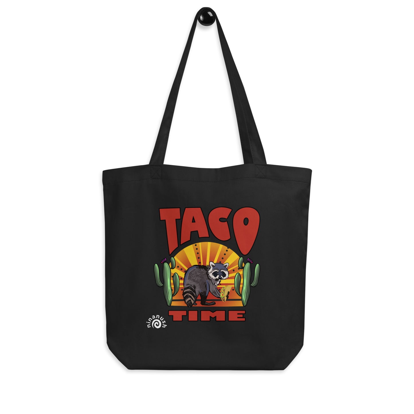 Black taco time tote bag - This organic cotton taco tote bag has an original hand drawn raccoon and taco design and is made just for you. The colorful raccoon and taco lover tote bag is funny and perfect for taco enthusiasts. Say no to plastic and carry your groceries, tacos, books, beach supplies and more unique sustainable shopping bag.