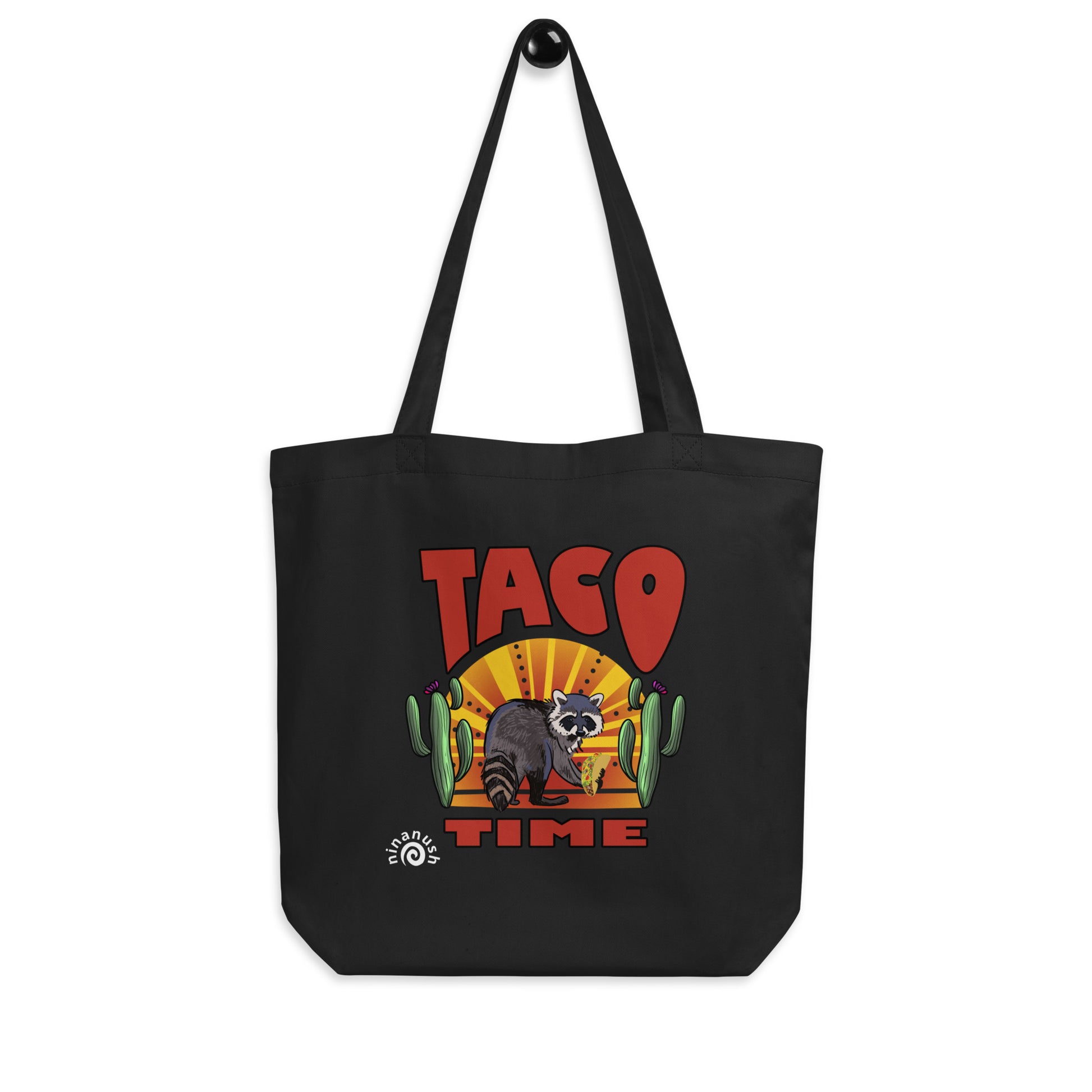 Black taco time tote bag - This organic cotton taco tote bag has an original hand drawn raccoon and taco design and is made just for you. The colorful raccoon and taco lover tote bag is funny and perfect for taco enthusiasts. Say no to plastic and carry your groceries, tacos, books, beach supplies and more unique sustainable shopping bag.