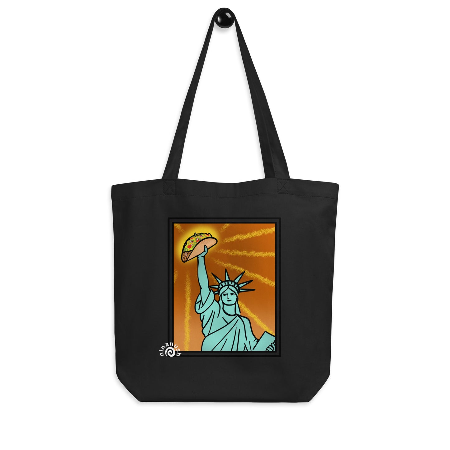 Black Unique New York City tote bag - This Statue of Liberty taco lover tote bag is perfect for all taco enthusiasts, New Yorkers and foodies of all kinds. It's a classic tote bag with a unique Statue of Liberty holding a taco. The funny New York foodie design is bright and colorful and the organic cotton tote bag is perfect for everyday adventures. 
