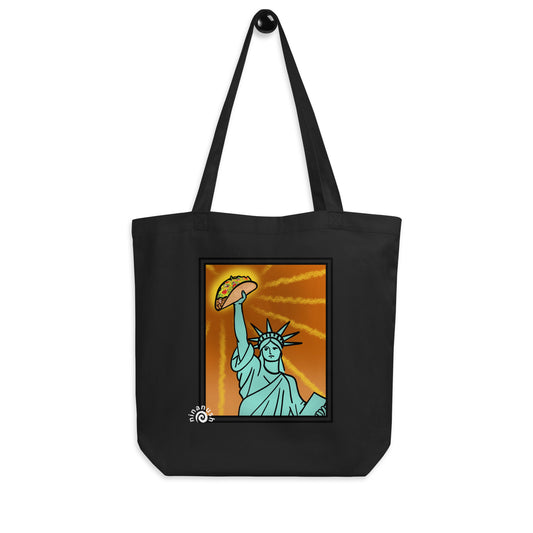 Black Unique New York City tote bag - This Statue of Liberty taco lover tote bag is perfect for all taco enthusiasts, New Yorkers and foodies of all kinds. It's a classic tote bag with a unique Statue of Liberty holding a taco. The funny New York foodie design is bright and colorful and the organic cotton tote bag is perfect for everyday adventures. 