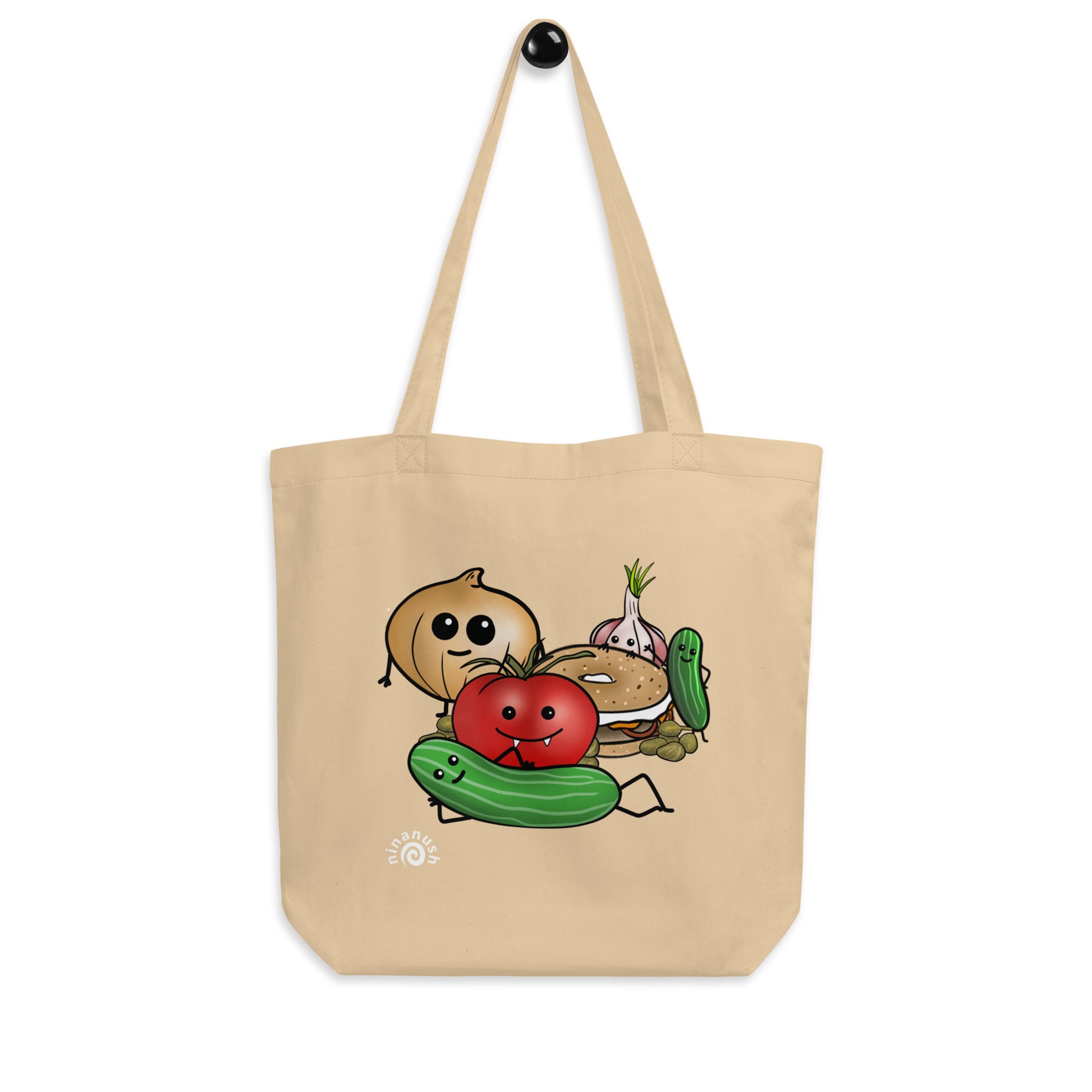 This eco friendly vegetables and everything bagel tote bag is totally unique and made just for you. Carry your veggies, bagel, books and everything in between in a sustainable tote for bagel enthusiasts, vegetarians and foodies of all kinds. Celebrate your favorite foods with our funky foodie clothing and accessories.