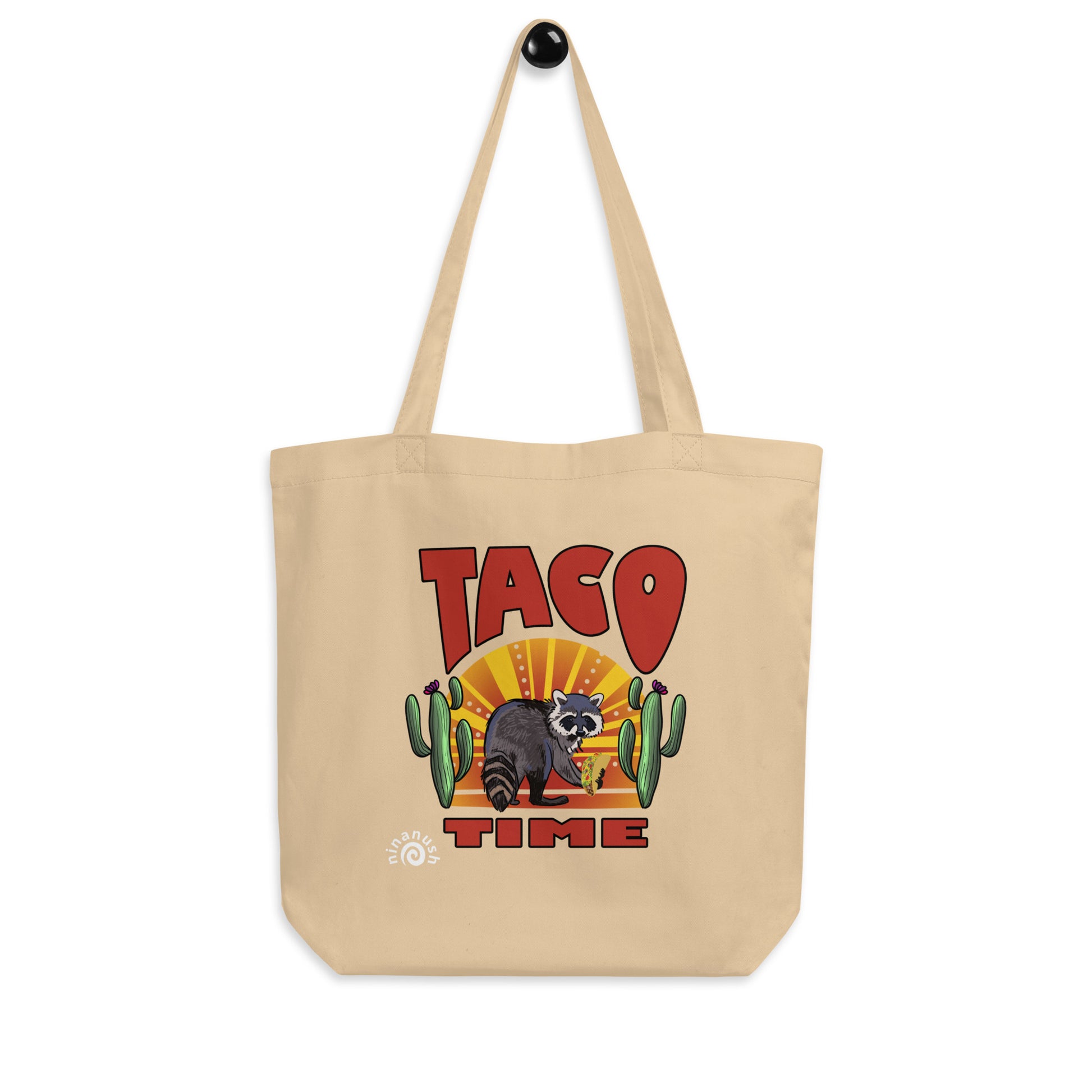 Beige taco lover tote bag - This organic cotton taco tote bag has an original hand drawn raccoon and taco design and is made just for you. The colorful raccoon and taco lover tote bag is funny and perfect for taco enthusiasts. Say no to plastic and carry your groceries, tacos, books, beach supplies and more unique sustainable shopping bag.