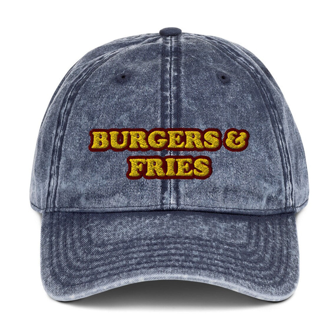 Funny blue dad hat for foodies and burger connoisseur -  The burgers & fries dad hat for burger lovers and foodies. It's a funny food hat to show off your love of veggies burgers, burgers of all kinds and the perfect gift for fast food enthusiasts. Wear it as a unique statement hat for everyday street wear or give it as a funny gift for foodies or your favorite burger lover.