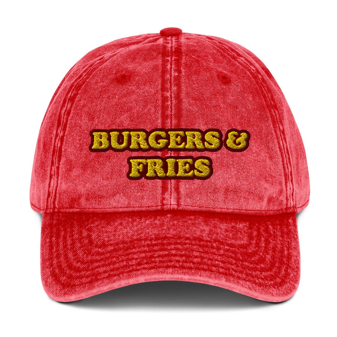 Red burger and fries dad hat - The burgers & fries dad hat for burger lovers and foodies. It's a funny food hat to show off your love of veggies burgers, burgers of all kinds and the perfect gift for fast food enthusiasts. Wear it as a unique statement hat for everyday street wear or give it as a funny gift for foodies or your favorite burger lover.