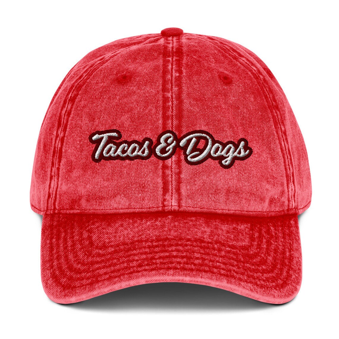Funny red dad hat with unique embroidery - The tacos and dogs dad hat is the perfect accessory for taco lovers and dog lovers and foodies of all kinds! It features a washed-out denim look, giving it a vintage feel. This funny food hat is the ultimate way to show off your love dogs and tacos, too. Wear it as a statement piece for everyday street wear or give it as a gift for foodies or your favorite dog parent - the ultimate dad hat for foodies, animal lovers and beyond.
