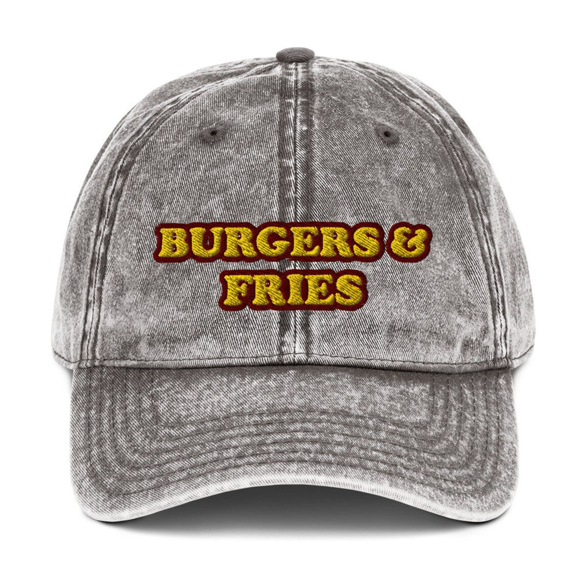 Gray Dad hat for burger lovers - The burgers & fries dad hat for burger lovers and foodies. It's a funny food hat to show off your love of veggies burgers, burgers of all kinds and the perfect gift for fast food enthusiasts. Wear it as a unique statement hat for everyday street wear or give it as a funny gift for foodies or your favorite burger lover.