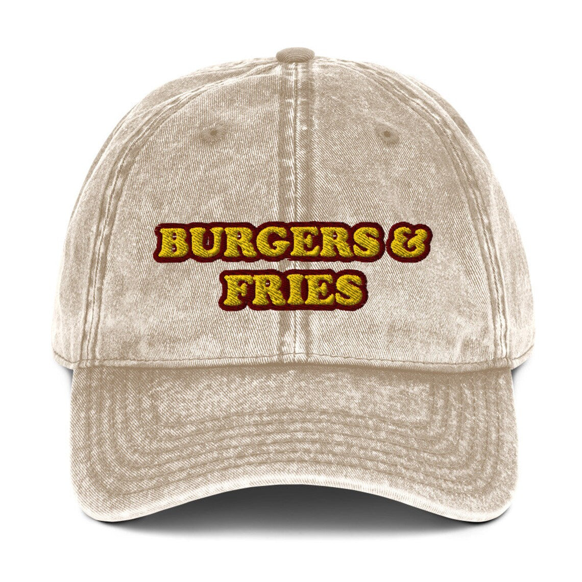 Tan dad hat for burger lovers - The burgers & fries dad hat for burger lovers and foodies. It's a funny food hat to show off your love of veggies burgers, burgers of all kinds and the perfect gift for fast food enthusiasts. Wear it as a unique statement hat for everyday street wear or give it as a funny gift for foodies or your favorite burger lover.