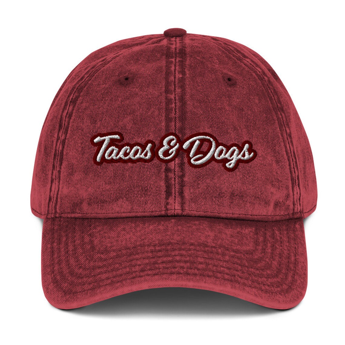 Maroon taco and dog lover dad hat - The tacos and dogs dad hat is the perfect accessory for taco lovers and dog lovers and foodies of all kinds! It features a washed-out denim look, giving it a vintage feel. This funny food hat is the ultimate way to show off your love dogs and tacos, too. Wear it as a statement piece for everyday street wear or give it as a gift for foodies or your favorite dog parent - the ultimate dad hat for foodies, animal lovers and beyond.