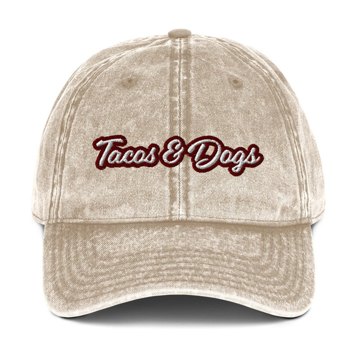 Tan - The tacos and dogs dad hat is the perfect accessory for taco lovers and dog lovers and foodies of all kinds! It features a washed-out denim look, giving it a vintage feel. This funny food hat is the ultimate way to show off your love dogs and tacos, too. Wear it as a statement piece for everyday street wear or give it as a gift for foodies or your favorite dog parent - the ultimate dad hat for foodies, animal lovers and beyond.