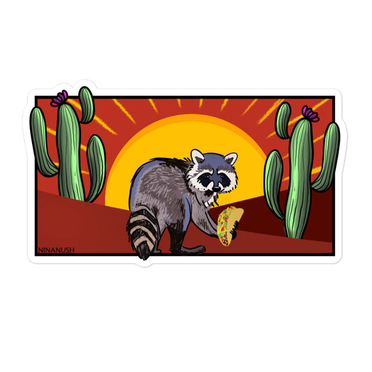 Naughty raccoon with taco sticker from Nina's Funky Shop by ninanush - The Desert Raccoon Vinyl Sticker! Crafted for raccoon enthusiasts, this unique sticker captures the charm of a naughty raccoon enjoying a taco. It's an original hand drawn design by Nina and it's made just for you. This funky raccoon sticker is the perfect for your sticker collection or gift for a raccoon lover. 